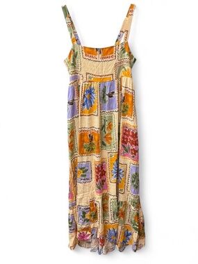 Paper Heart Postage Stamp Linen Blend Maxi Dress Sz S Boho Whimsigoth Pockets